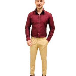 A men's deep maroon/burgundy long-sleeved button-up shirt with prominent white contrast stitching on the placket.