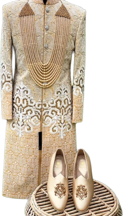 Golden BeigeEmbroidered Sherwani Set