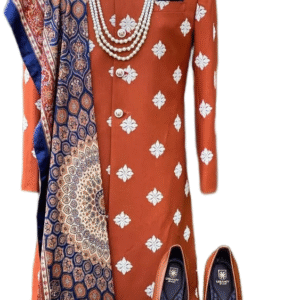 Rust Orange Embroidered Sherwani Set