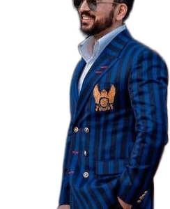 blazer is primarily blue with prominent vertical black stripes, creating a bold, contrasting pattern.