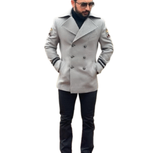 men's light grey peacoat or double-breasted jacket.