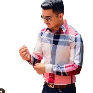 A men's multi-colored plaid/checkered long-sleeved button-up shirt, featuring shades of pink/maroon, blue, and white.