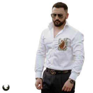 Royal White Shirt with Majestic Embroidered Lion & Floral Crest