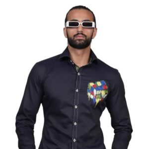 black long-sleeved shirt features a unique, colorful embroidered design on the left chest that resembles a melting