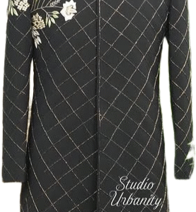 Black Quilted Sherwani with Floral Embroidery