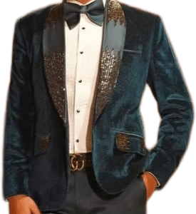 Teal velvet tuxedo with sequin-detailed shawl collar and sleek bow tie — perfect for weddings, parties, and evening events.