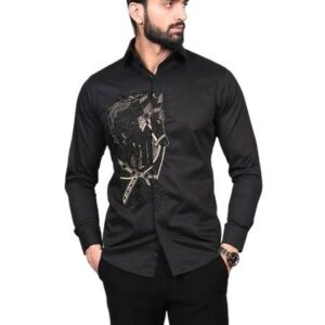 This is a black long-sleeved shirt featuring a large, intricate embroidered design on the left side, depicting a stylized horse's head with complex patterns and detailing