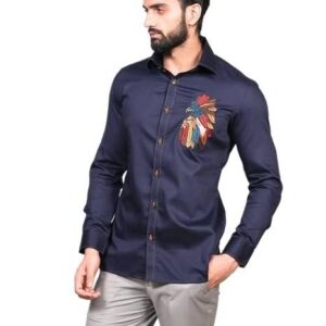 Long-sleeved collared shirt in a solid, deep navy blue or dark indigo color