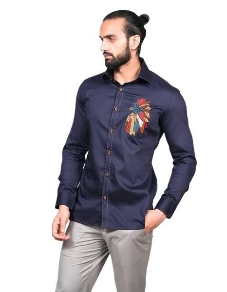 Long-sleeved collared shirt in a solid, deep navy blue or dark indigo color