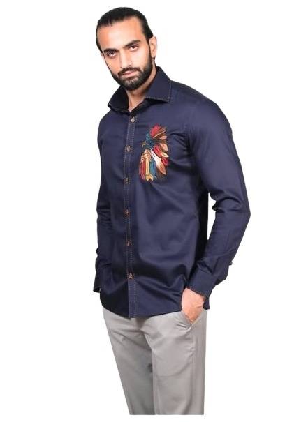 Long-sleeved collared shirt in a solid, deep navy blue or dark indigo color - Image 2