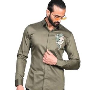 olive green long-sleeved shirt featuring a distinctive embroidered design