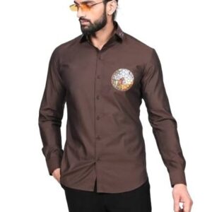long-sleeved, collared shirt in a solid, dark brown color.