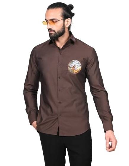 long-sleeved, collared shirt in a solid, dark brown color.