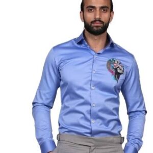 long-sleeved, collared shirt in a solid, medium shade of blue, possibly sky blue or a slightly deeper periwinkle.