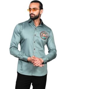 long-sleeved, collared shirt in a solid, muted shade of greenish-grey or sage