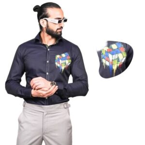 Midnight Navy Shirt with Abstract Cube Embroidery