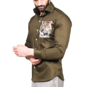 collared shirt in a solid olive green or khaki color