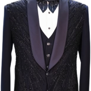The suit is dark blue, with the jacket featuring extensive, intricate beadwork arranged in a radiating pattern, particularly on the front panels.