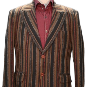 The blazer features a vertical stripe pattern in shades of brown, black, and deep red.