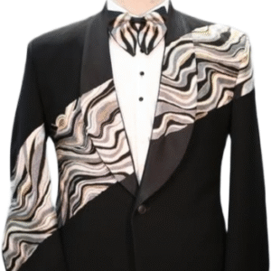 Bold and artistic, this black tuxedo features abstract wave embroidery across the shoulder and sleeve, paired with satin lapels and a matching bow tie — a perfect choice for statement-making occasions.