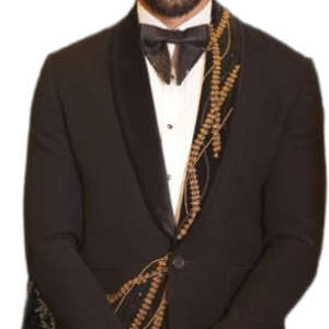 Sophisticated black tuxedo with golden sequin detailing and satin lapels, paired with a stylish bow tie — a perfect blend of elegance and modern flair for weddings and grand celebrations.