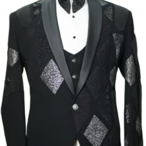 Bold black tuxedo with shimmering diamond-patterned embellishments and satin lapels — a statement piece for high-profile events and glamorous evenings.