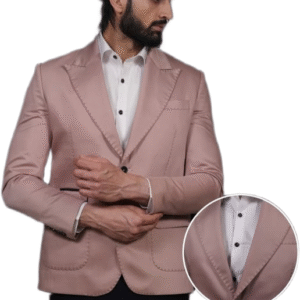 Blush pink blazer with contrast stitching and a sleek tailored fit, paired with a crisp white shirt — perfect for semi-formal occasions and modern daywear.