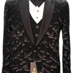 Elegant black designer tuxedo with satin lapels and textured detailing, paired with a classic waistcoat and bow tie