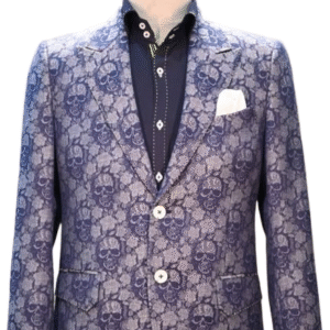 This is a black suit jacket with broad, stylized lapels resembling wings or feathers. The lapels are adorned with white lines and shimmering black embellishments. It's paired with a black dress shirt and bow tie, creating a bold, formal look.