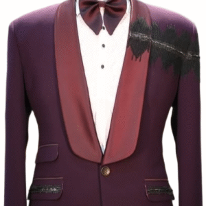 The jacket is a rich, deep shade of plum or dark purple.