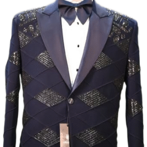 jacket is a deep navy blue, made from a fabric that appears to have a slight sheen, possibly satin or a similar blend, particularly on the lapels