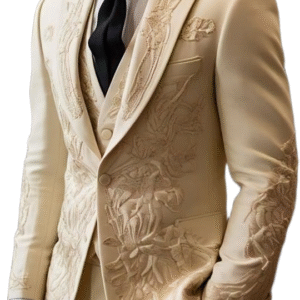 The suit is a light, neutral color, appearing to be an off-white, cream, or very light beige.